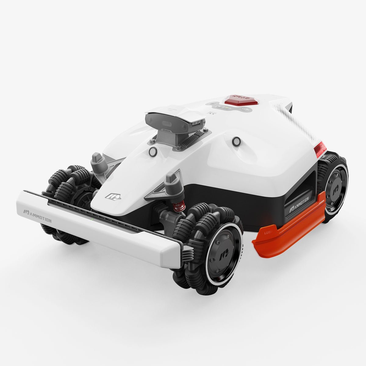 White Mammotion LUBA 2 AWD high-cut series robotic mower with orange side rails