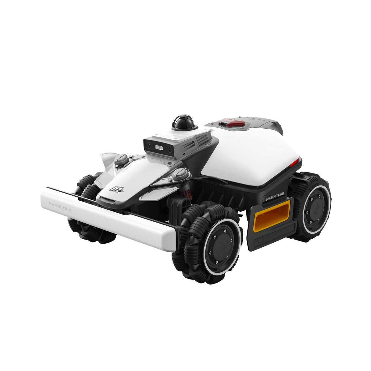 Mammotion LUBA mini 2 AWD high-cut mower with a white body and LiDAR turret